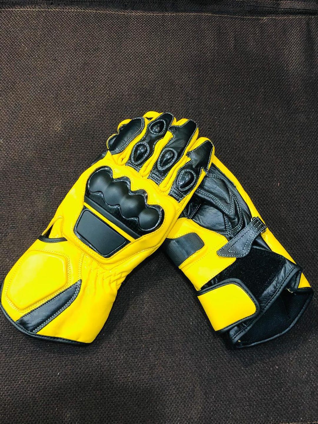 Yellow Leather Motorcycle Racing Gloves: Full Gauntlet With Knuckle ...