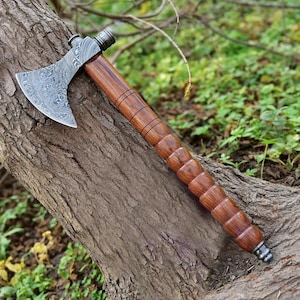 Damascus steel Tomahawk Axe, Handmade Bearded Viking Hatchet with Rosewood Handle & Leather Sheath, Hunting, Camping, Outdoor Gift for Men