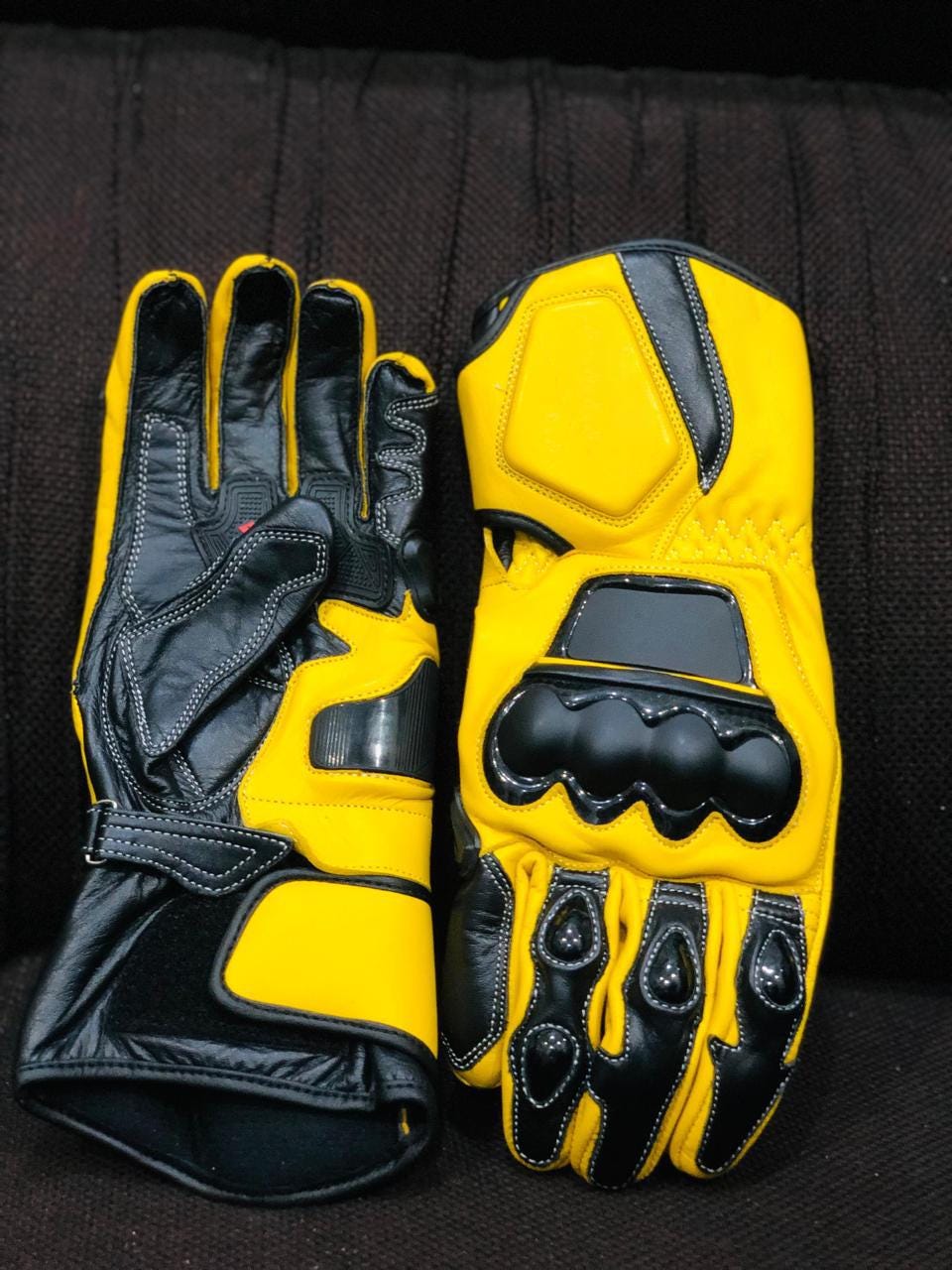 Yellow Leather Motorcycle Racing Gloves: Full Gauntlet With Knuckle ...