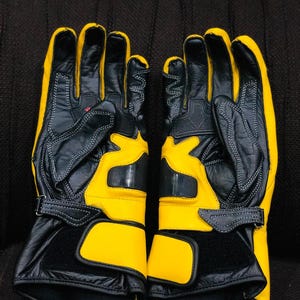 Yellow Leather Motorcycle Racing Gloves: Full Gauntlet With Knuckle ...