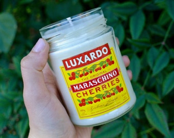 Luxardo Maraschino Cherries | Candle in Upcycled Jar | (Scent: Cherry) | Handmade Candle in Repurposed Luxardo Maraschino Cherries Jar