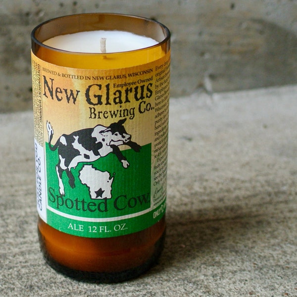 New Glarus Spotted Cow Beer Bottle Candle (scent: Fir Tree), Handmade Soy Candle in Repurposed Beer Bottle, Unique Birthday Gift