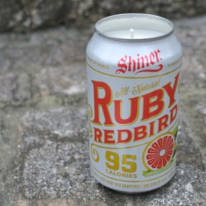 Shiner "Ruby Redbird" Candle in Upcycled Beer Can | (scent: Grapefruit) | Hand-Poured Candle in Repurposed Shiner Can
