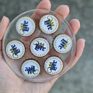 Miller Lite Bottle Cap Coaster, Handmade Resin Coaster with Repurposed Beer Caps, Home Bar Decor, Unique Eco-Friendly Gift for Beer Lovers