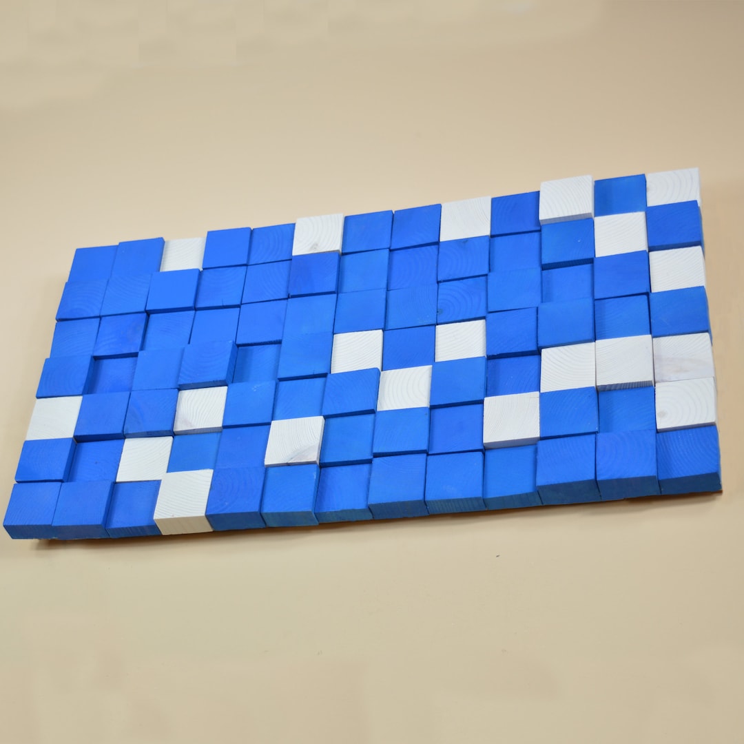 Wooden Mosaic Wall Hanging in Blue, Modern Wood Wall Art Mosaic, 3D