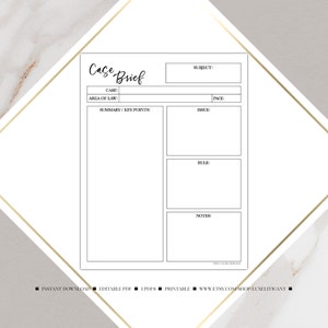 May include: A printable case brief template with sections for case name, area of law, summary, issue, rule, and notes.
