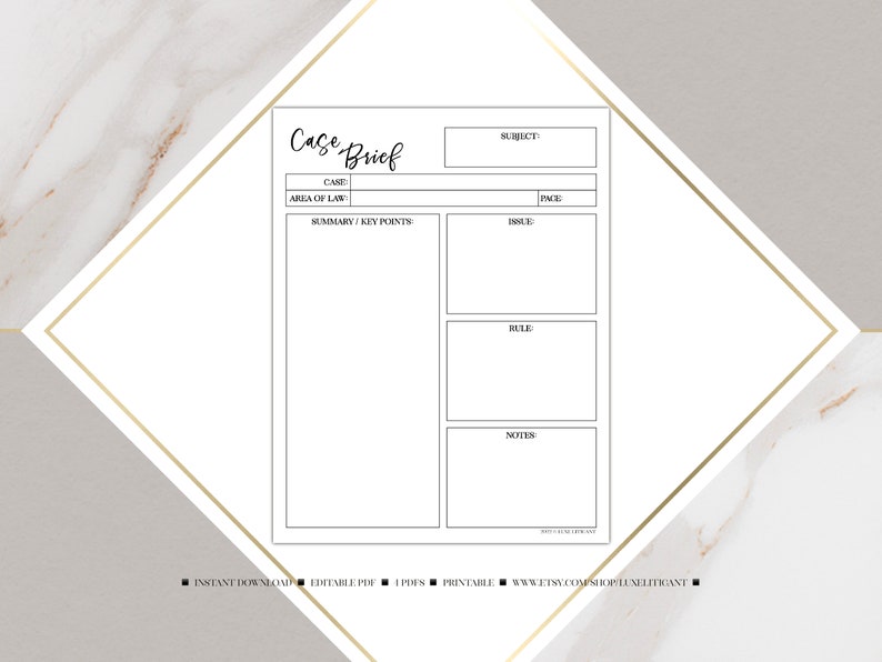 May include: A printable case brief template with sections for case name, area of law, summary, issue, rule, and notes.