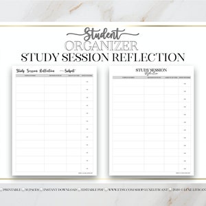 May include: Printable study session reflection planner with two pages. The planner has columns for subject, topics covered, materials reviewed, amount of time spent, and notes. The text "Study Session Reflection" is at the top of each page.