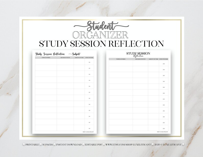 May include: Printable study session reflection planner with two pages. The planner has columns for subject, topics covered, materials reviewed, amount of time spent, and notes. The text "Study Session Reflection" is at the top of each page.