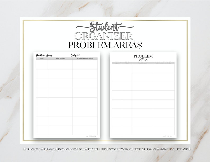 May include: Printable student organiser with two pages for tracking problem areas and subjects. The pages are divided into sections with lines for writing. The title "Student Organiser Problem Areas" is at the top of the page.