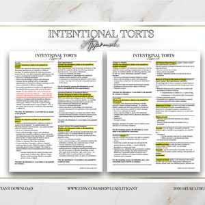Law School Tort Law - Intentional Torts Approach - DIGITAL DOWNLOAD