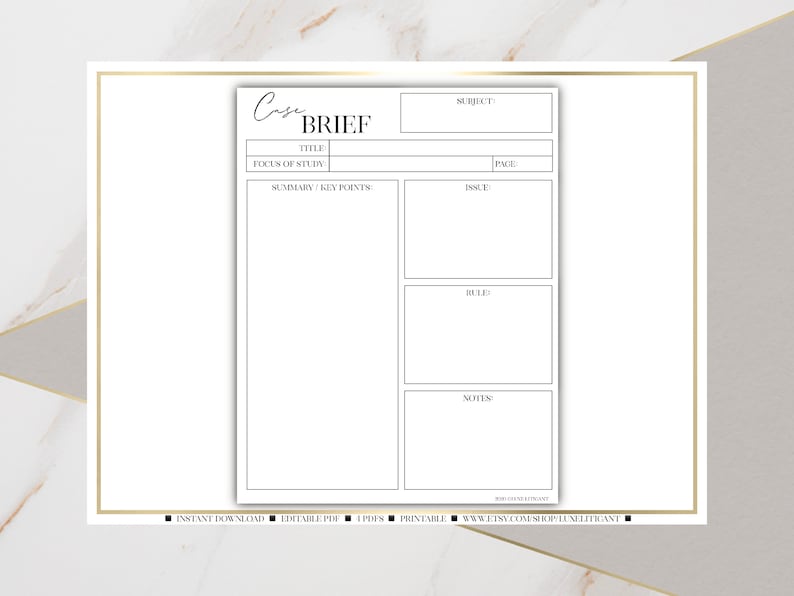 May include: A printable case brief template with sections for title, focus of study, summary, subject, issue, rule, and notes.