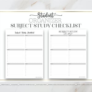 May include: A printable student organiser checklist with the text "Subject Study Checklist" in black text on a white background. The checklist is divided into two columns with 10 rows each. The checklist is designed to help students stay organised and on track with their studies.
