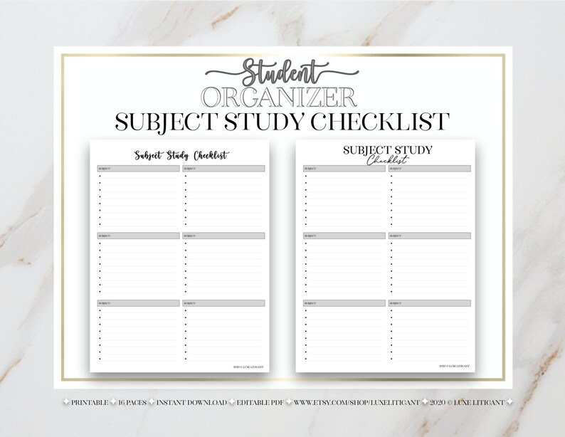 May include: A printable student organiser checklist with the text "Subject Study Checklist" in black text on a white background. The checklist is divided into two columns with 10 rows each. The checklist is designed to help students stay organised and on track with their studies.