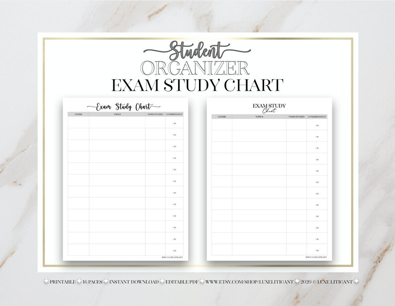 May include: A printable exam study chart organiser with two pages. The chart is designed to help students plan and track their exam preparation. The chart includes columns for course, topic, time needed, and completion date.