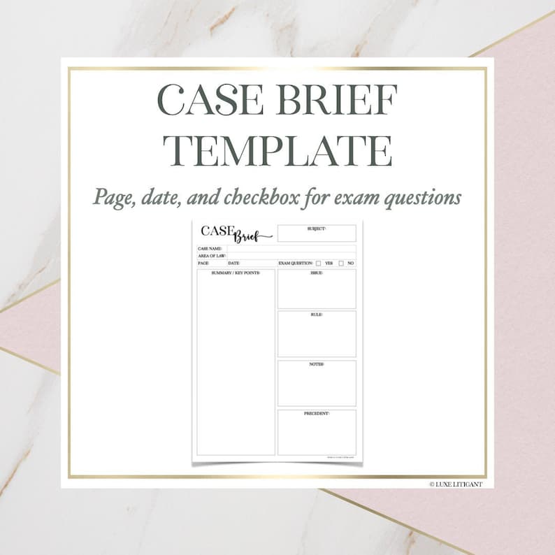 Puede incluir: Una plantilla de resumen de caso imprimible en blanco y negro con el texto "CASE BRIEF TEMPLATE" y "P&aacute;gina, fecha y casilla de verificaci&oacute;n para preguntas de examen". La plantilla incluye secciones para el nombre del caso, el &aacute;rea del derecho, la p&aacute;gina, la fecha, el resumen/puntos clave, la regla, las notas y el precedente.