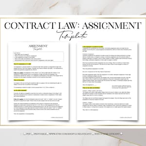 May include: A printable PDF document with a legal contract law assignment template. The document is divided into two columns. The left column is titled "Assignment Template" and the right column is titled "In this assignment, who is from who?" The document discusses the legal definition of assignment, the types of assignment, and the rights and liabilities of the parties involved in an assignment.
