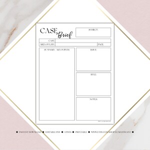 May include: A printable case brief template with sections for case name, area of law, subject, page, summary, key points, issue, rule, and notes.