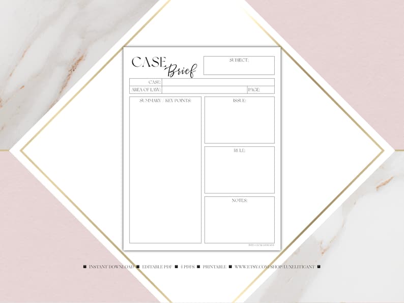 May include: A printable case brief template with sections for case name, area of law, subject, page, summary, key points, issue, rule, and notes.