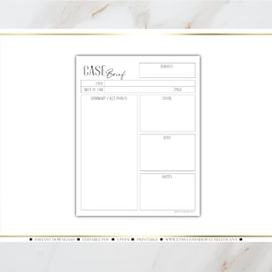 May include: A printable case brief template with sections for case name, subject, issue, rule, analysis, and notes.