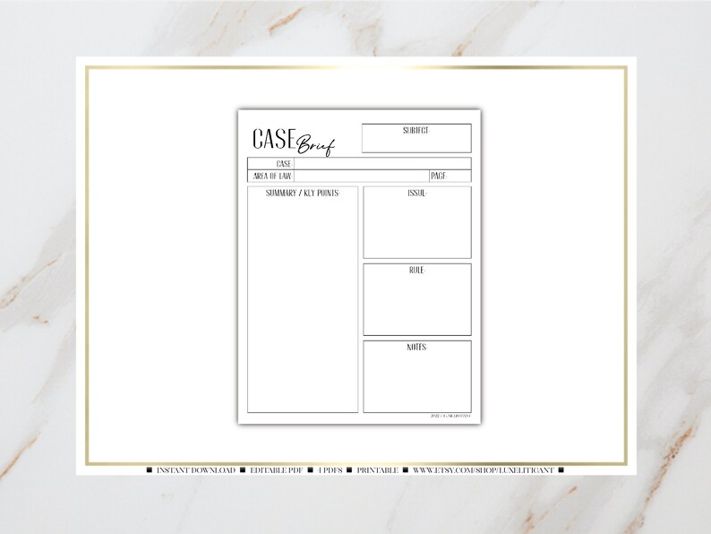 May include: A printable case brief template with sections for case name, subject, issue, rule, analysis, and notes.