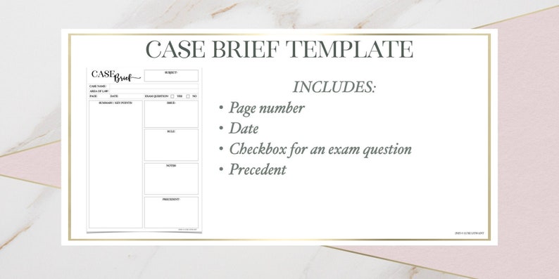 Puede incluir: Una plantilla de resumen de caso imprimible en blanco y negro con el texto "CASE BRIEF TEMPLATE" en la parte superior. La plantilla incluye secciones para el nombre del caso, la fecha, los hechos, los problemas, las notas y el precedente. Tambi&eacute;n incluye una casilla de verificaci&oacute;n para una pregunta de examen. El texto "INCLUDES:" va seguido de una lista de caracter&iacute;sticas: "Page number", "Date", "Checkbox for an exam question", y "Precedent".