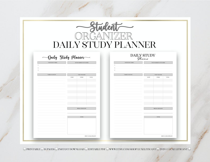 May include: Printable daily study planner with two pages, each with a section for daily tasks, time tracker, and notes. The planner has a grey and white colour scheme with the text "Student Organizer Daily Study Planner" at the top.