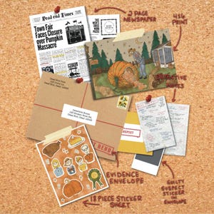 May include: A collection of mystery-themed paper items including a two-page newspaper titled Dead End Times, a 4x6 inch print of a pumpkin scene, detective notes, an evidence envelope, an 18-piece sticker sheet, and a guilty suspect sticker.