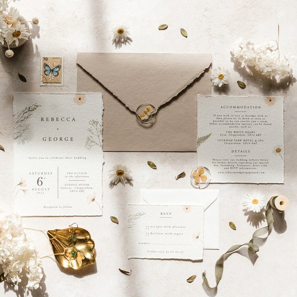 Pressed Flowers Wedding Invitation: Handmade Cotton Paper, Wax Seals