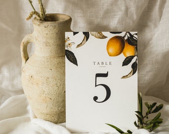 Lemon Table Numbers / Wedding Table Numbers / Floral Table Number / Table Setting / Botanical Wedding Signs / Mediterranean Wedding