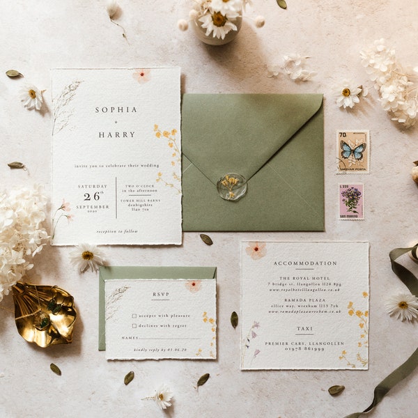 Pressed Flower Wedding Invitation Suite: Boho Wildflower Design
