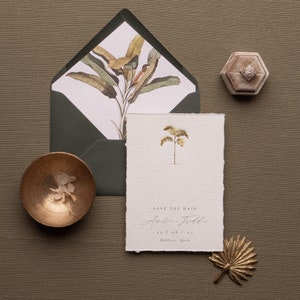 Tropische save-the-date-kaarten / strand-save-the-dates / bestemming bruiloft save-the-dates / palmboom-save the date / groen save-the-dates