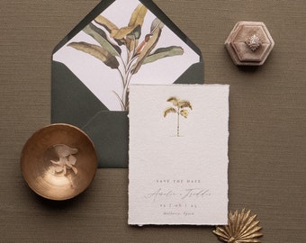 Tarjetas de reserva de fecha tropicales / Tarjetas de reserva de fecha de playa / Tarjetas de reserva de fecha de boda de destino / Tarjetas de reserva de fecha de palmera / Tarjetas de reserva de fecha verdes