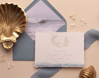 Tarjetas de reserva de fecha azules / Tarjetas de reserva de fecha para playa / Tarjetas de reserva de fecha para bodas de destino / Tarjetas de reserva de fecha doradas / Tarjetas de reserva de fecha