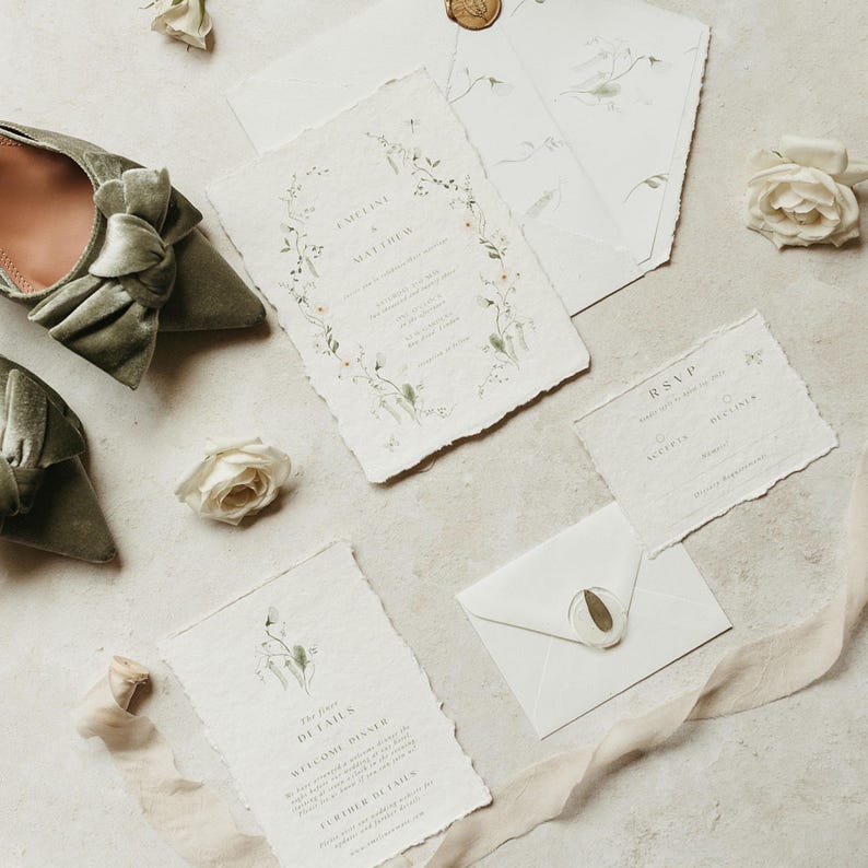 Sage Green Wildflower Wedding Invitation Suite: Handmade Cotton Paper ...