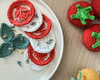 Tomate mozzarella au basilic, ensemble de jeu pour cuisine pour enfants, jouet éducatif Montessori, nourriture au crochet, ensemble petit-déjeuner