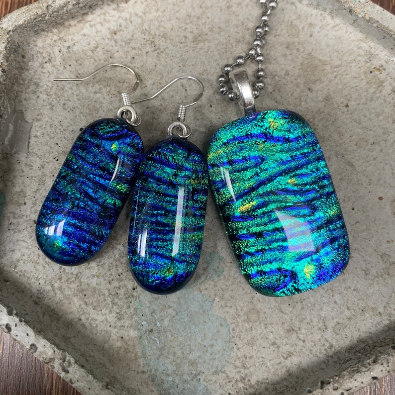 Turquoise wave Dichroic Fused Glass Pendant and Earrings Set