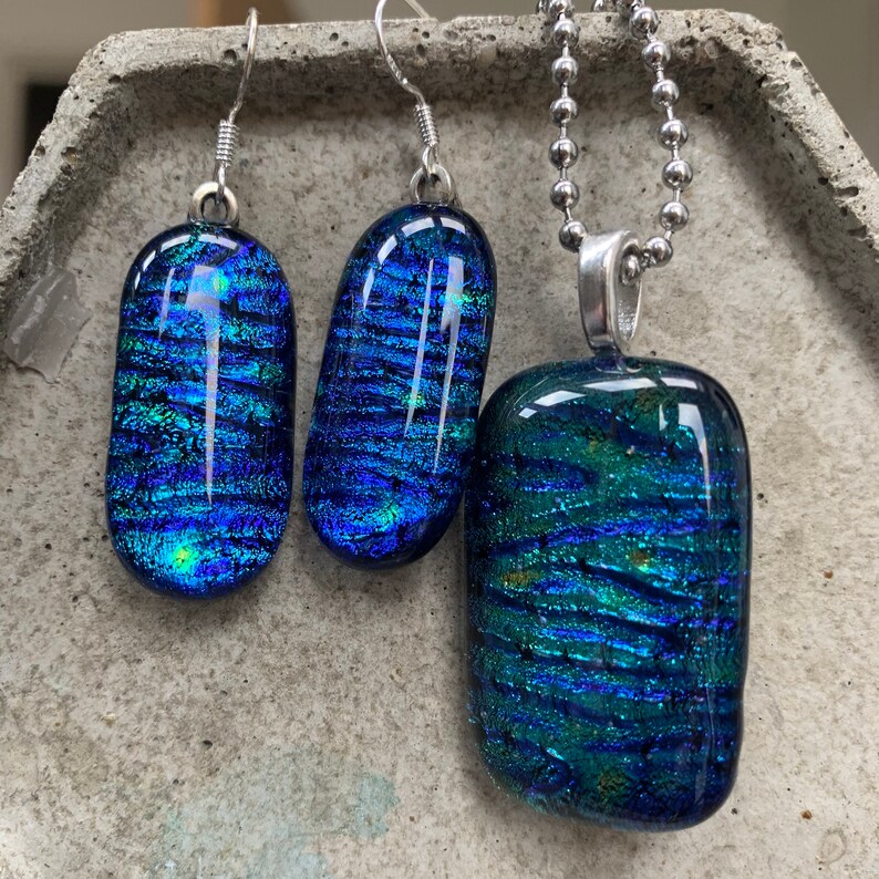 Turquoise wave Dichroic Fused Glass Pendant and Earrings Set