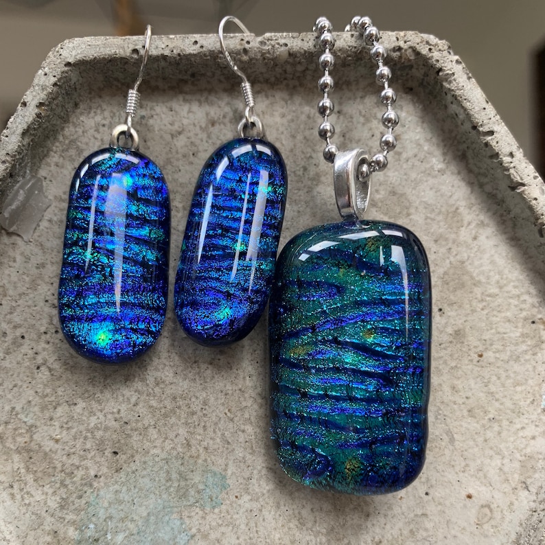 Turquoise wave Dichroic Fused Glass Pendant and Earrings Set