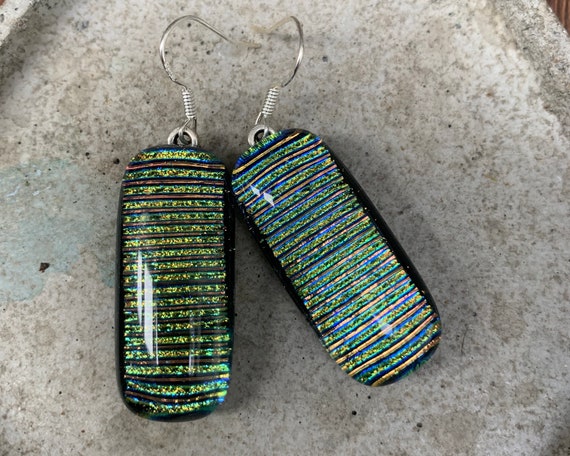 purple green textured dichroic with clear dichroic and wire Fused glass earrings