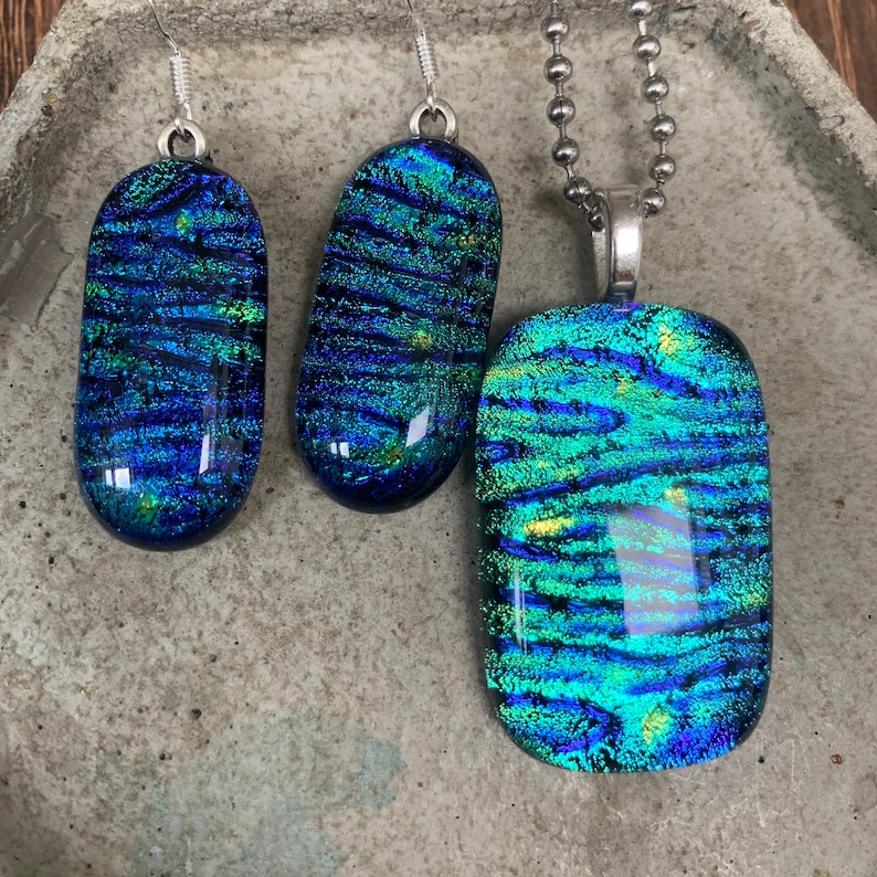 Turquoise wave Dichroic Fused Glass Pendant and Earrings Set