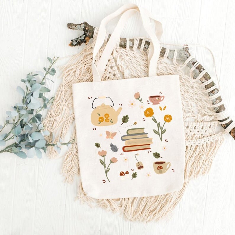 Cozy Book Cotton Tote Bag Cottage Core Tote Bag Tea Kettle Bag Etsy