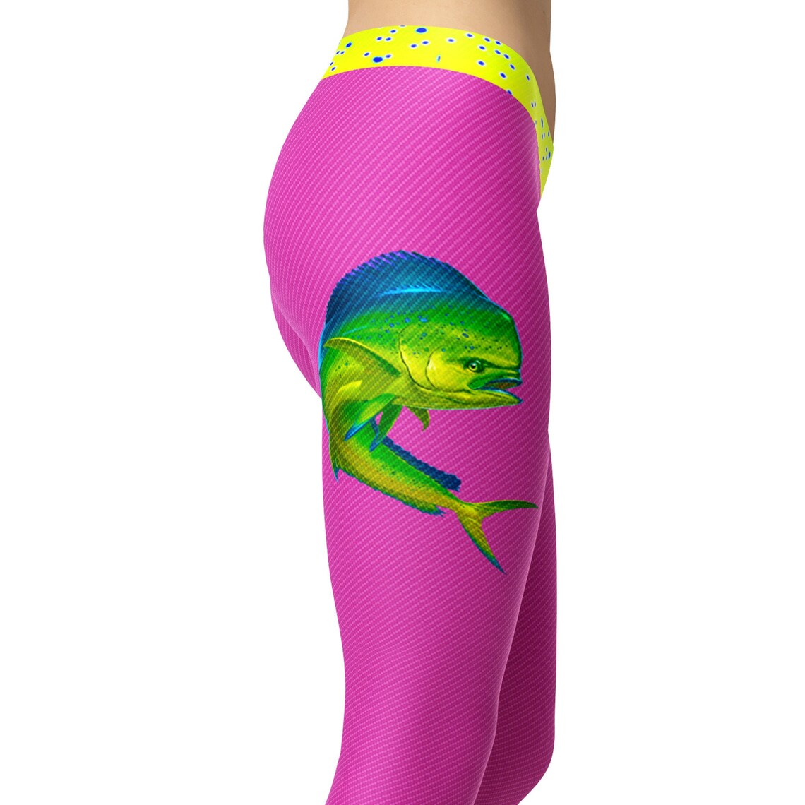 Mahi Pink Fishing Leggings with yellow waist trim yoga Etsy