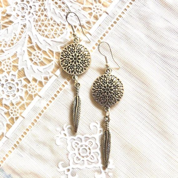 Mandala & Feather Earrings ~ Sterling Silver Ear Wires - Etsy display picture 3
