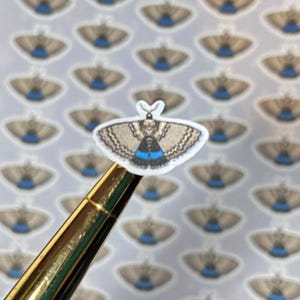 Könnte beinhalten: Ein Bogen mit Mottenaufklebern mit einem goldenen Stift. Die Aufkleber zeigen ein detailliertes Motten-Design mit braunen, schwarzen und blauen Akzenten. Die Mottenaufkleber befinden sich auf weißem Hintergrund.