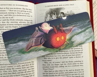 May include: A whimsical illustration of a red, round creature with large, glowing eyes, riding a large, purple and pink butterfly with a white ghost sitting on its back. The background is a dark blue sky with white clouds and a bright moon.