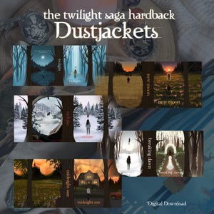 Puede incluir: Una colección de sobrecubiertas de tapa dura de la "Saga Crepúsculo". Cada cubierta presenta una ilustración única con títulos como "Crepúsculo", "Luna Nueva", "Eclipse", "Amanecer" y "Sol de Medianoche". El texto "Digital Download" también es visible.