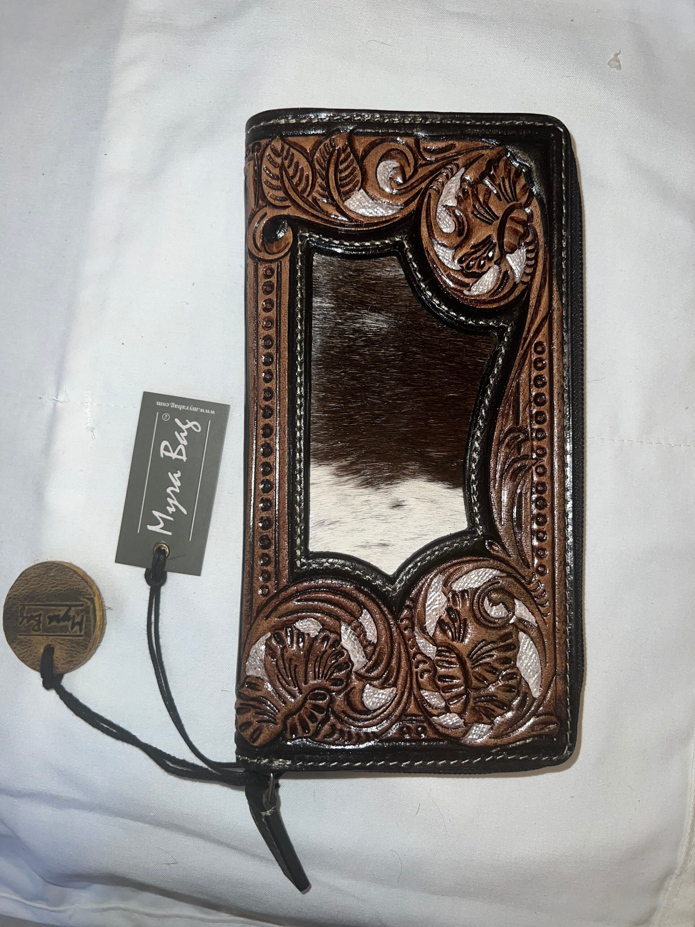 Myra Bag Wallets Hand Tooled Leather Hairon Cowhide Etsy