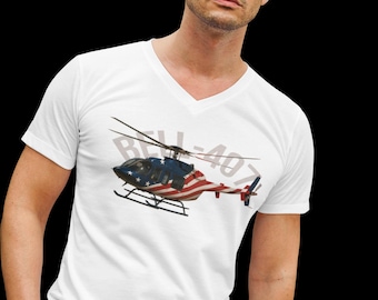 Patriotic Helicopter Tee, Bell-407 Unisex Short Sleeve V-Neck T-Shirt for Veterans, Independence Day Gift, July Fourth Celebration