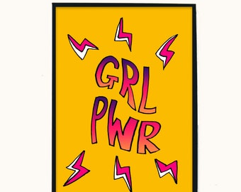 GRL PWR print - Girl Power - Feminist Art - Wall Art - Feminism - Decor - Bedroom Decor - A4 - A5 Print - Bright Colours - Pink - Yellow